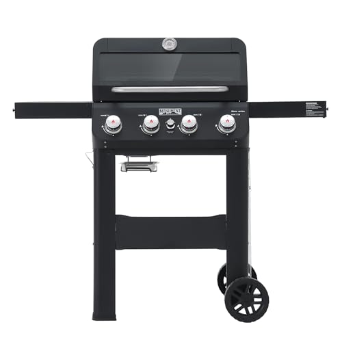 Monument Grills 4-Burner Liquid Propane Gas Grill, Matte Black Stainless Steel Burner Grill with Clearview® Lid and One Foldable Shelf for Outdoor Co
