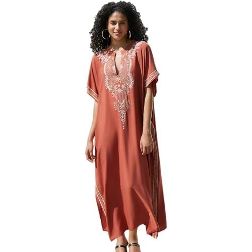 Women's Embroidery Swimsuit Cover Ups Beach Cover Up Caftan Plus Size Vneck Rainbow Ethnic Print Kaftan Batwing One Size 23156 Rust Red
