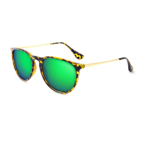 ANDOILT Vintage Polarized Sunglasses for Women Men UV Protection Retro Round Mirrored Lens Amber Frame Green Lens 55 Millimeters