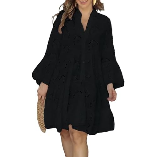 Women Summer Eyelet Lace Midi Dress V Neck Bell Sleeve Flowy Babydoll Casual Beach Dress Black Medium
