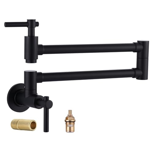 Pot Filler Faucet Wall Mount, Folding Kitchen Faucet with Double Joint Swing Arm, Single Hole Stretchable Brass Faucet with 2 Handles, Black Pot Fille