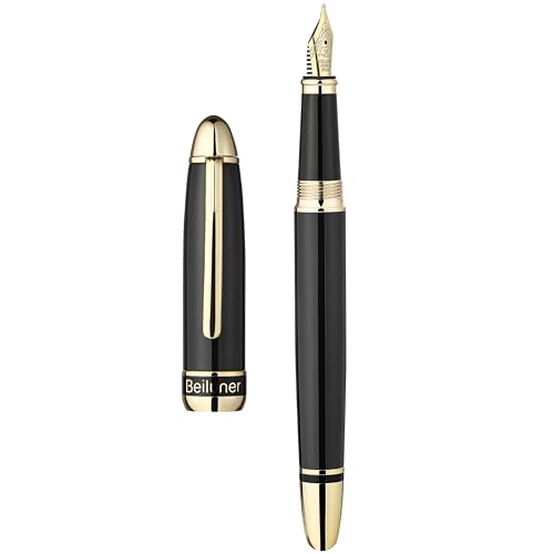 BEILUNER 315 Black Fountain Pen,Stunning Luxury Pens with 24K Gold Accents, Gorgeous 24K Gilded Nib(Medium), Ink Converter,Fancy Pen Gift for Men&Wome