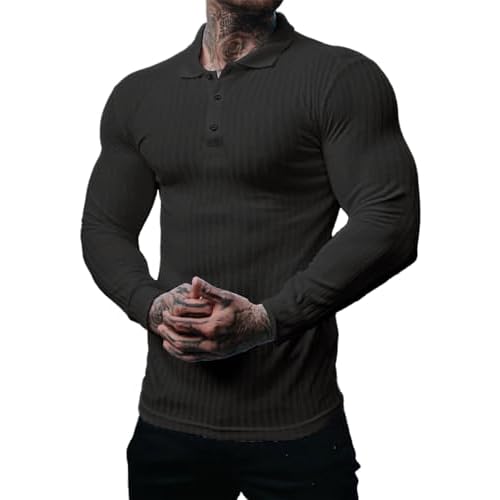 Muscle Cmdr Men's Cotton Muscle Shirts Slim Fit Business Casual Tee Long&Short Sleeve Ribbed Polo V Neck Shirt Small Black-Long