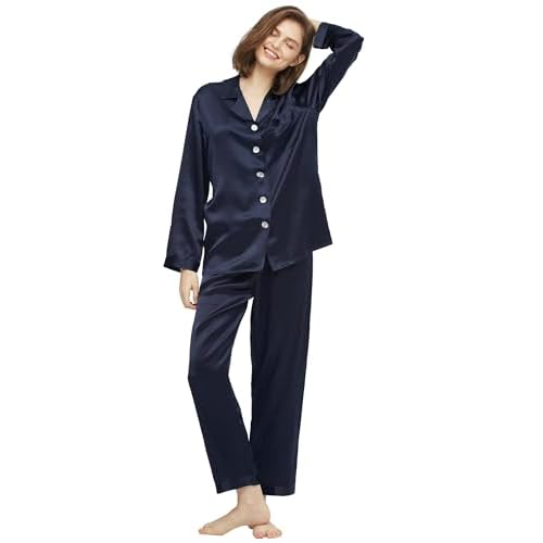 LilySilk Silk Pajama Set for Women 100% Real Mulberry Silk Sleepwear Navy Blue XX-Large