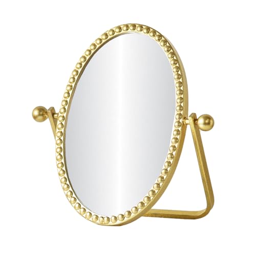 Vintage Vanity Table Mirror, Desk Makeup Mirror Metal Framed with Stand, Gold Oval Retro Mirrors 360 Adjustable Rotation for Tabletop, Bedroom, Bathro
