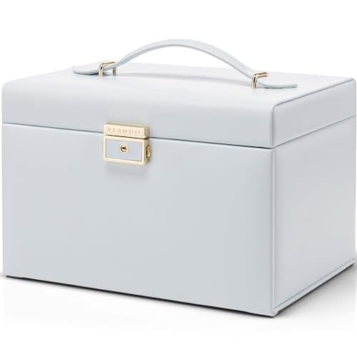 Vlando Velvet Jewelry Organizer Box for Women, Large Leather Jewelry Storage Box with Locked, Mirrored, 3 Drawer for Watch Necklace Ring Earring Stora