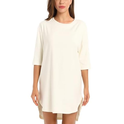 LIQQY Women's Short Sleeve Sleepshirt Solid Combed Cotton Nightgown Sleep Dress Large Cream