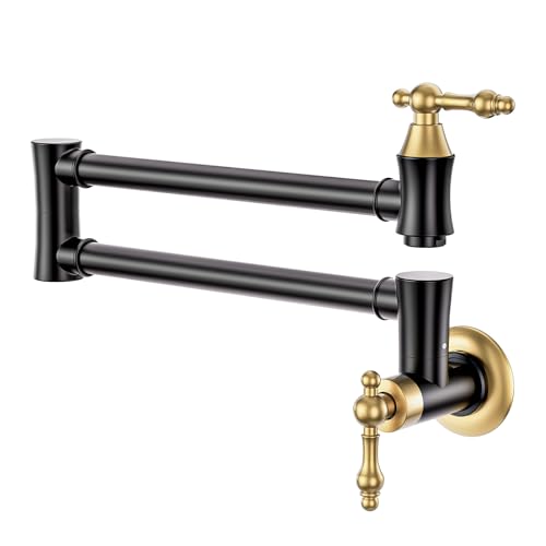 Pot Filler Faucet Black and Gold: Traditional Pot Filler Wall Mount Commercial Stove tap with Double Joint Swing Arms Brass Kitchen Pot Faucet