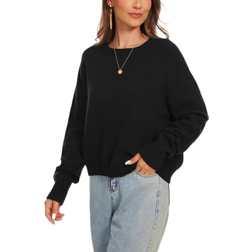 Women's Crew Neck Raglan Long Sleeve Sweaters 2024 Winter Fuzzy Knit Casual Ribbed Pullover Tops Black Large
