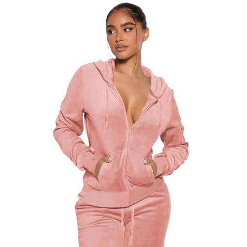 yidengymx Womens 2 Piece Velour Tracksuit Two Piece Soft Velvet Hooded Outfits for Women X-Small Hoodie-Jogger Pants-peachy Pink