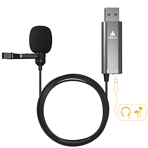 MAONO USB Lavalier Microphone with Headphones Jack, Omnidirectional Computer Lapel Clip Mic for Recording, Gaming, Streaming, Podcasting, YouTube, Sky
