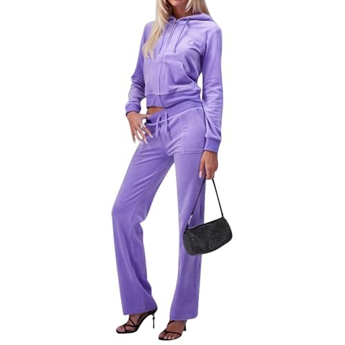 yidengymx Two Piece Velvet Hooded Outfits for Women, Womens 2 Piece Velour Tracksuit Zip Up Sweatsuit with Cargo Pockets Large Hoodie-Cargo Pants-purp