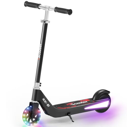 iScooter IK3-IK3Pro Electric Scooter for Kids Aged 6-12, LED Display, 3 Speeds, 3 Heights (IK3Pro), Magnetic Charging, 150W Motor, Colorful Lights Bla