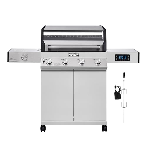 Monument Grills Denali 405 4-Burner Liquid Propane Gas Smart bbq Grill Stainless Steel with Rotisserie Kit(2 items) D405 with Rotisserie Kit