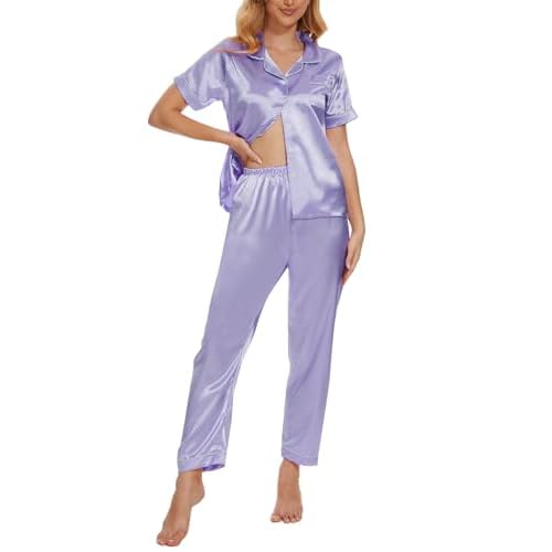 YIJIU Womens Silk Satin Pajamas Set Short Sleeve Sleepwear Soft Button Down Loungewear Two-piece Pjs Sets XS-XXL Long Small Light Purple