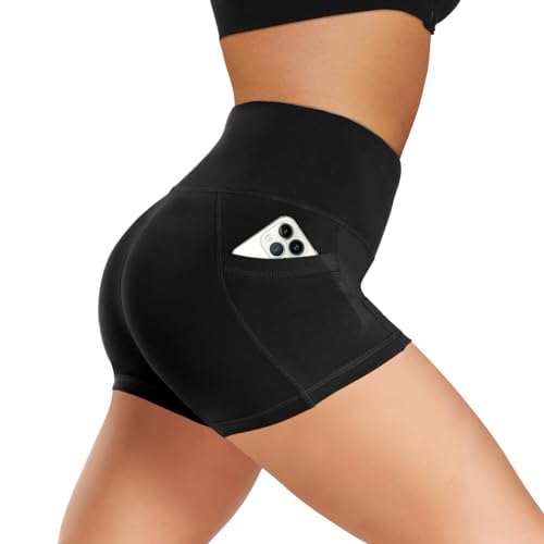 Biker Shorts Women with Pockets - 3"-5"-8" High Waisted Soft Tummy Control Workout Shorts for Yoga Athletic Gym Black XX-Large 3 IN