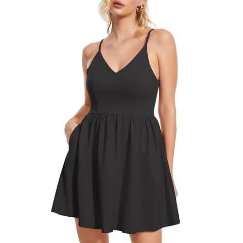 ROYLAMP Women's Casual Spaghetti Strap Dresses Elegant V-Neck A-line Swing Petite Tiered Short Mini Dress with Pockets X-Small Black