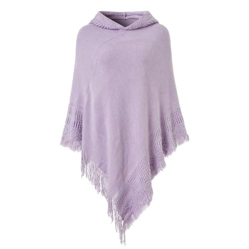 Ferand Ladies' Hooded Cape with Fringed Hem, Crochet Poncho Knitting Patterns for Women One Size Light Purple