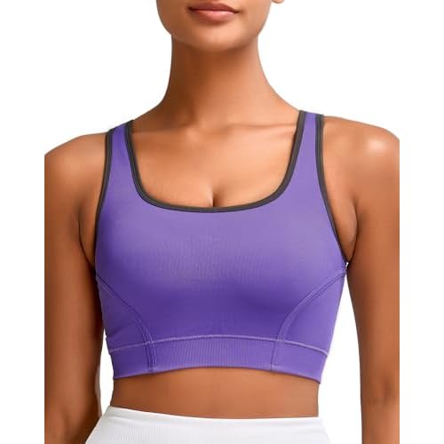 RUNNING GIRL Sports Bras for Women High Support,Seamless Ribbed Longline High Neck Sports Bra Racerback Padded Crop Top Yoga Small C-purple