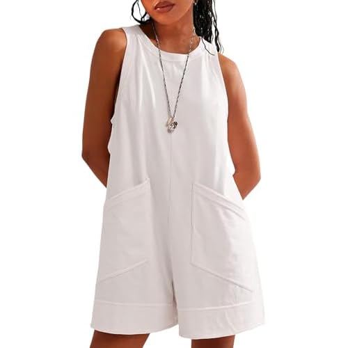 Women's Stretchy Sleeveless Romper Summer Backless Crew Neck Casual Loose Fit Shorts Jumpsuit with Pockets White X-Large