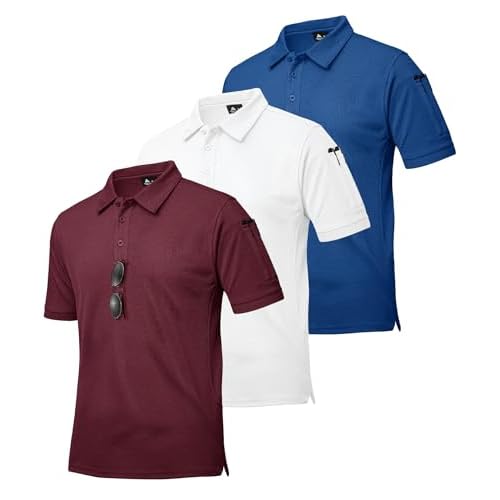 ZITY 3 Pack Mens Polo Shirts Short Sleeve Golf Moisture-Wicking Shirts for Men Medium White Blue Winered