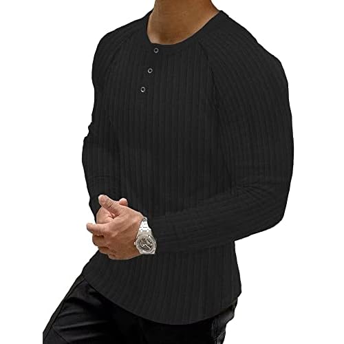 Muscle Cmdr Men's Ribbed Henley Shirt Short Sleeve Slim Fit Muscle Shirt Fitted Cotton Casual Long Sleeve Small Black_long