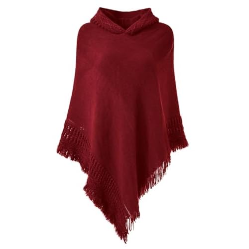 Ferand Ladies' Hooded Cape with Fringed Hem, Crochet Poncho Knitting Patterns for Women One Size Burgundy
