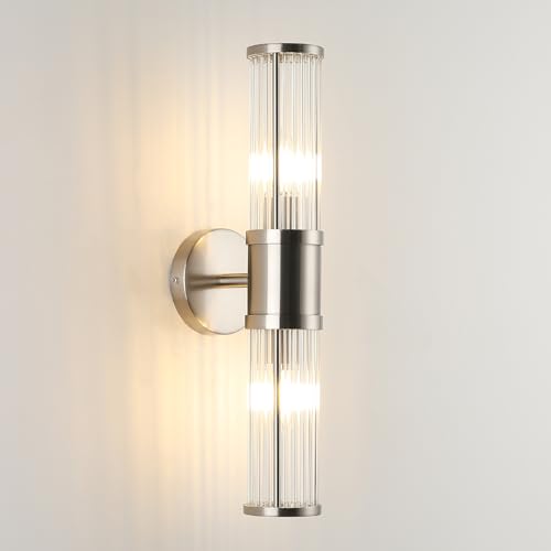 Brushed Nickel Bathroom Light Fixture, Industrial Up & Down Wall Vanity Sconce Indoor Farmhouse Glass Rods Bath Vanity Light Mirror Lighting Lamps Wal