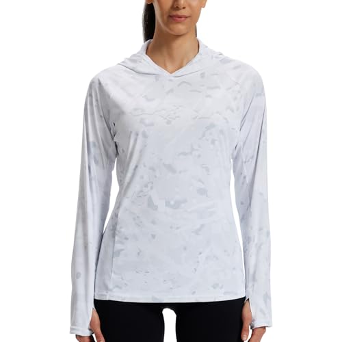 LOOGU Women's UPF 50+ Sun Protection Hoodies Shirts Slim Fit Long Sleeve Lightweight Quick Dry UV Fishing Hking Outdoor Slim Fit XX-Large Spretta Whit