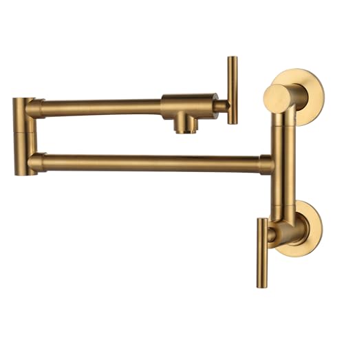 WOWOW Gold Pot Filler Faucet: Single Hole Wall Mount Stove Faucet, Brass Pot Filler Two Attachment with Double Joint Swing Arms Brushed Gold