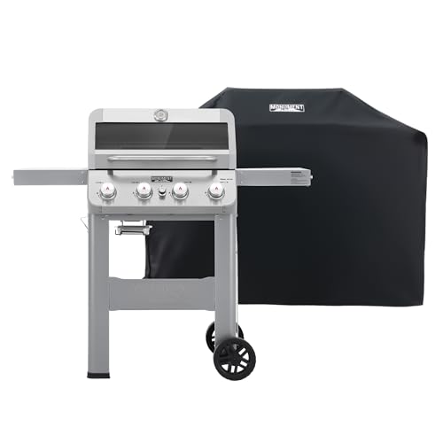 Monument Grills 4-Burner Liquid Propane Gas Grill, Silver Stainless Steel Grill Patio Garden Barbecue Grill with Clearview® Lid and One Foldable Shel