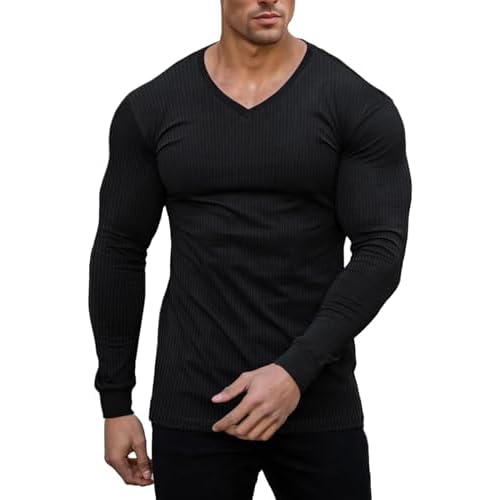 Muscle Cmdr Slim Fit Thermal V Neck Long Sleeve,Muscle Shirt, Casual, Ribbed Pullover Tee Lightweight Sweater Undershirts A-black Large