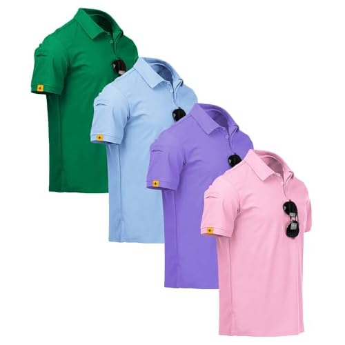 ZITY 4 Pack Mens Polo Shirt Short Sleeve Sports Golf Tennis T-Shirt Athletic Collared Tactical Shirts Large Grass Moon Pin Purple