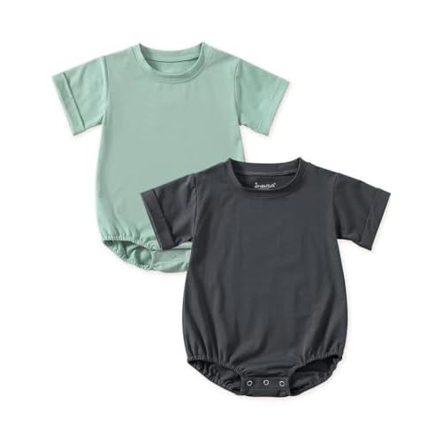 Jimonda Baby Bubble Romper Boy Girl Solid Color T-Shirt Outfits Short Sleeve Bodysuit Organic Cotton 2Pcs Green Greyblack 0-3 Months