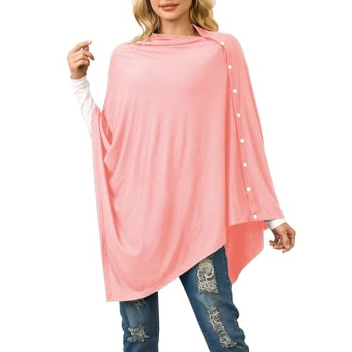 Ferand Women's Lightweight Poncho Tops Versatile Buttoned Shawl Wraps for Spring Summer Pink