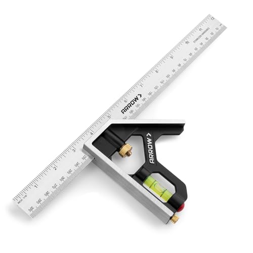 Arrow Combination Square, 12-Inch Combo Square with Stainless Steel Ruler, Zinc Alloy Body and Bubble Level for Carpenters and Craftsmen