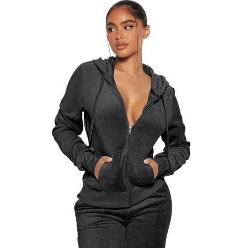 yidengymx Womens 2 Piece Velour Tracksuit Two Piece Soft Velvet Hooded Outfits for Women Small Hoodie-Jogger Pants-black