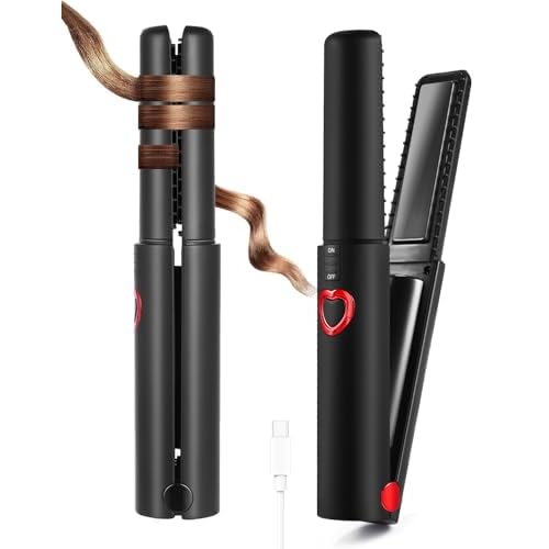 JMFONE Cordless Portable Hair Straightener, Mini Cordless Flat Iron and Curler 2 in 1, Portable USB-C Rechargeable 5000mAh Battery, Ceramic Plate, Qui
