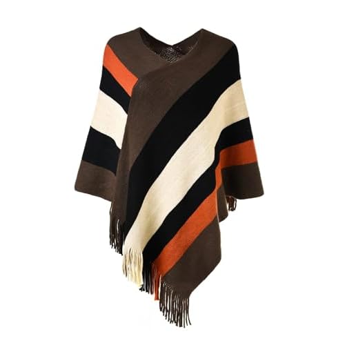 Ferand Women's Striped Poncho Sweater Cozy Knit Fringe Shawl Wraps for Fall Winter Brown & Black
