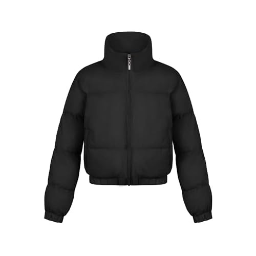 EXARUS Girls Puffer Jacket Warm Water Repellent Oversized-Cropped Stand Collar Pockets Zip up Quilted Short Bubble Coat Crop 6 Years Black-crop