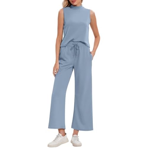 ROYLAMP Women Two Piece Outfits Ribbed Knit Tops Matching Sets Elastic High Waist Wide Leg Pants Tracksuit With Pockets Small Grey Blue