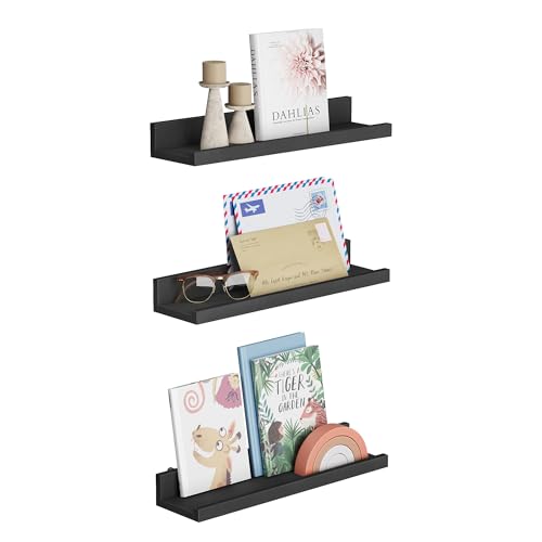 SONGMICS Floating Shelves, Set of 3 Wall Shelves, 15-Inch Wide, for Photo Frames and Trinkets, for Living Room, Home Office, Kitchen, Bathroom, Black