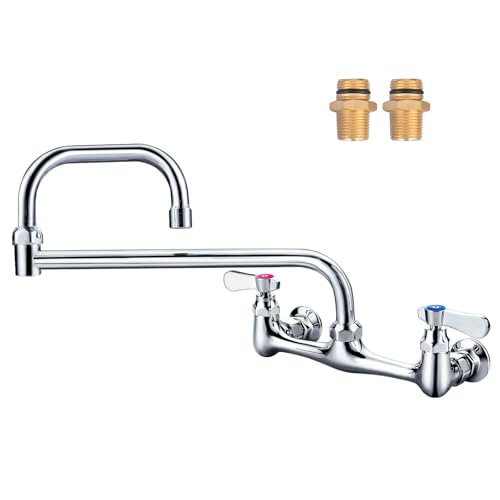 Commercial Sink Folding Faucet with 18" Swivel Jointed Spout, Dual Handles Wall Mount Kitchen Pot Filler Faucet 8" Center, with Double Joint Swing Arm