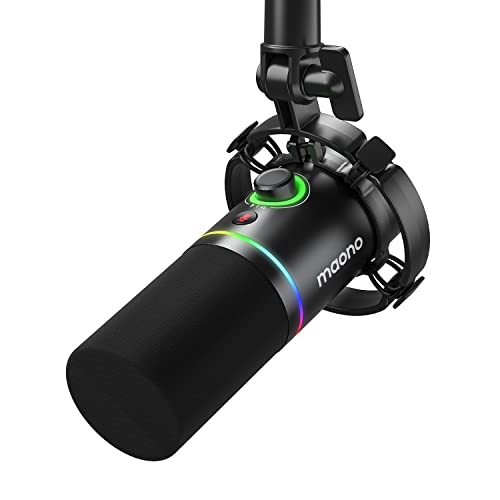 MAONO XLR-USB Dynamic Microphone, RGB Gaming Mic with Software, Mute, Gain Knob, Volume Control and Headphone Jack for Streaming, Podcasting, Recordin