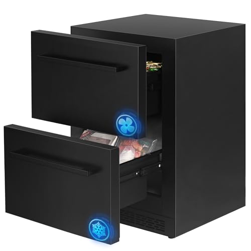 24Inch Double Drawer Refrigerator with Freezer,Under Counter Beverage Fridge for Indoor Outdoor Kitchen, Waterproof Black Stainless Steel Freezer for