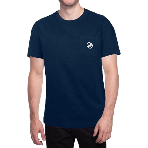HANDLANDY Mens Work T-Shirt, Crew Neck Short Sleeve T Shirts for Men Casua Pocket Cotton Tee Navy Blue Large