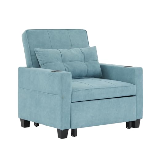 3 in 1 Futon Chair Bed Sleeper for Adults, Pull Out Living Room Chairs with USB Ports, Adjustable Reclining Angles, Scratch Cloth Fabric - Accent Chai