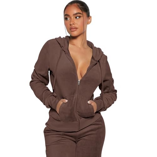 yidengymx Womens 2 Piece Velour Tracksuit Two Piece Soft Velvet Hooded Outfits for Women Small Hoodie-Jogger Pants-brown