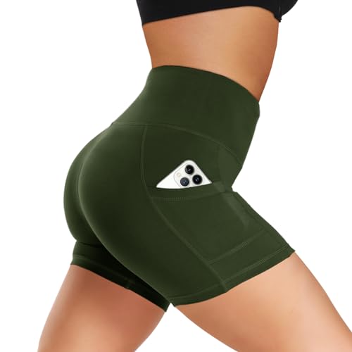 Biker Shorts Women with Pockets - 3"-5"-8" High Waisted Soft Tummy Control Workout Shorts for Yoga Athletic Gym Army Green Large-X-Large 5 IN