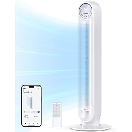 Dreo Tower Fan for Bedroom, 25ft-s Smart Standing Fans, 90° Oscillating Floor Fan with 4 Modes, 4 Speeds, 8H Timer, 28dB, Bladeless, Remote, 28 dB, W
